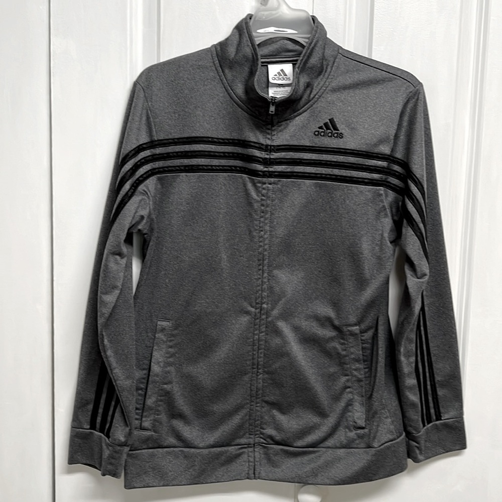 Adidas Dark Gray Black Stripe Teen Boys Athletic Jacket Size L 14/16